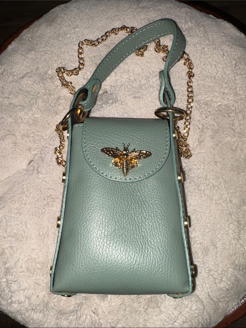 Vera Pelle Mint Green Crossbody Bag with Gold Bee Accent